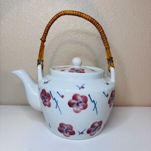 Japanese Ceramic Teapot with Bamboo Handle and Cherry Blossom Design
